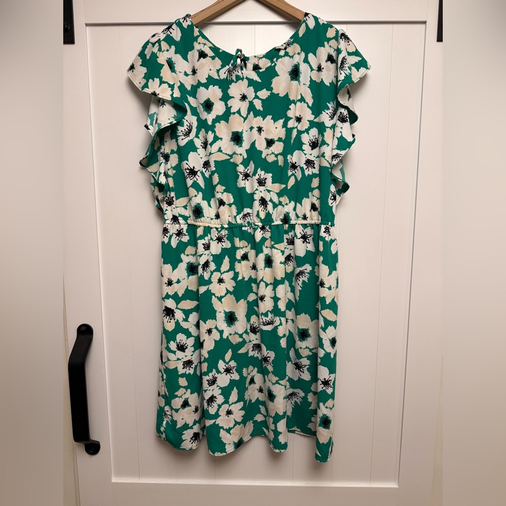 Merona Green and White Floral Ruffle Sleeve Dress